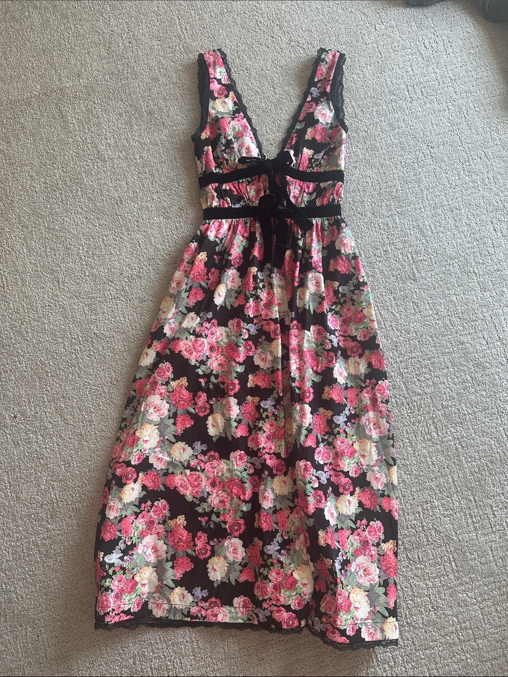 For Love And Lemons Black and Pink Floral Midi Dress